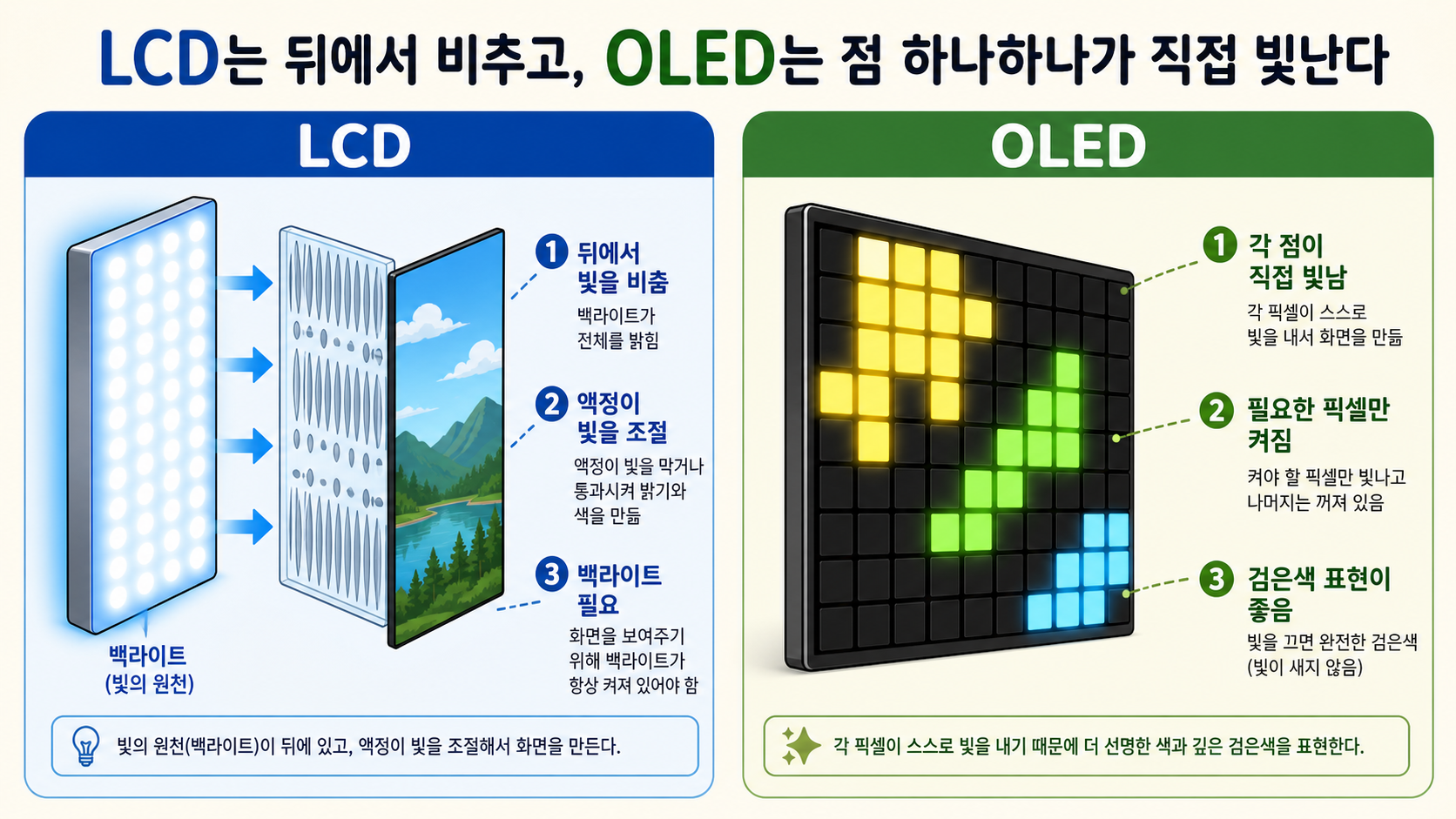 LCD와 OLED의 빛 표현 방식을 비교한 교육용 인포그래픽